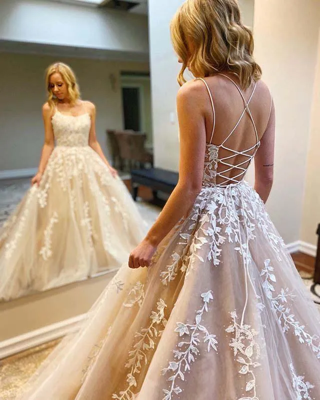 A-Line Round Neck Yellow Tulle Lace Prom Dresses Formal Dresses TP0964