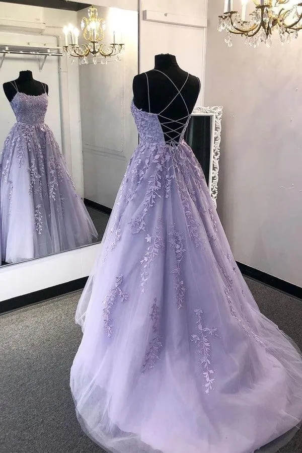 A-Line Round Neck Yellow Tulle Lace Prom Dresses Formal Dresses TP0964