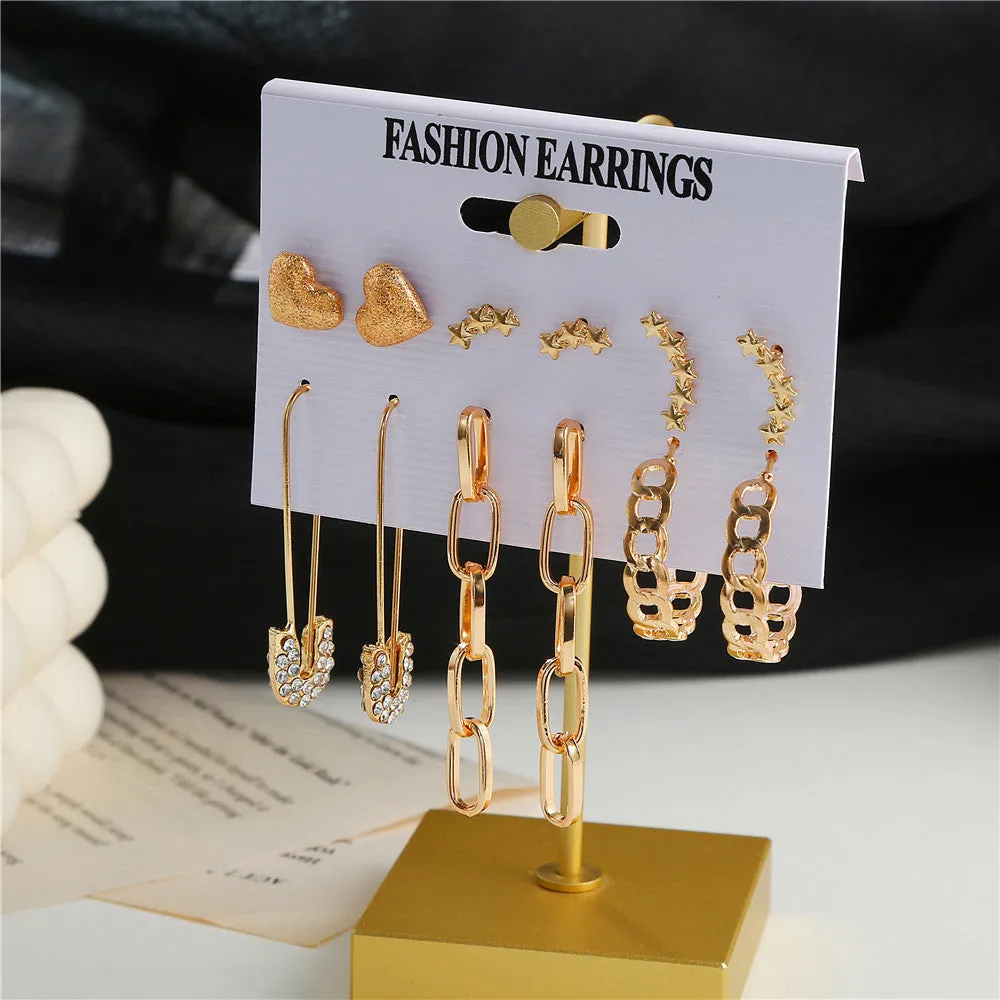 Combo of 6 Pair Heart Star Studs and Chain Hoop Earrings