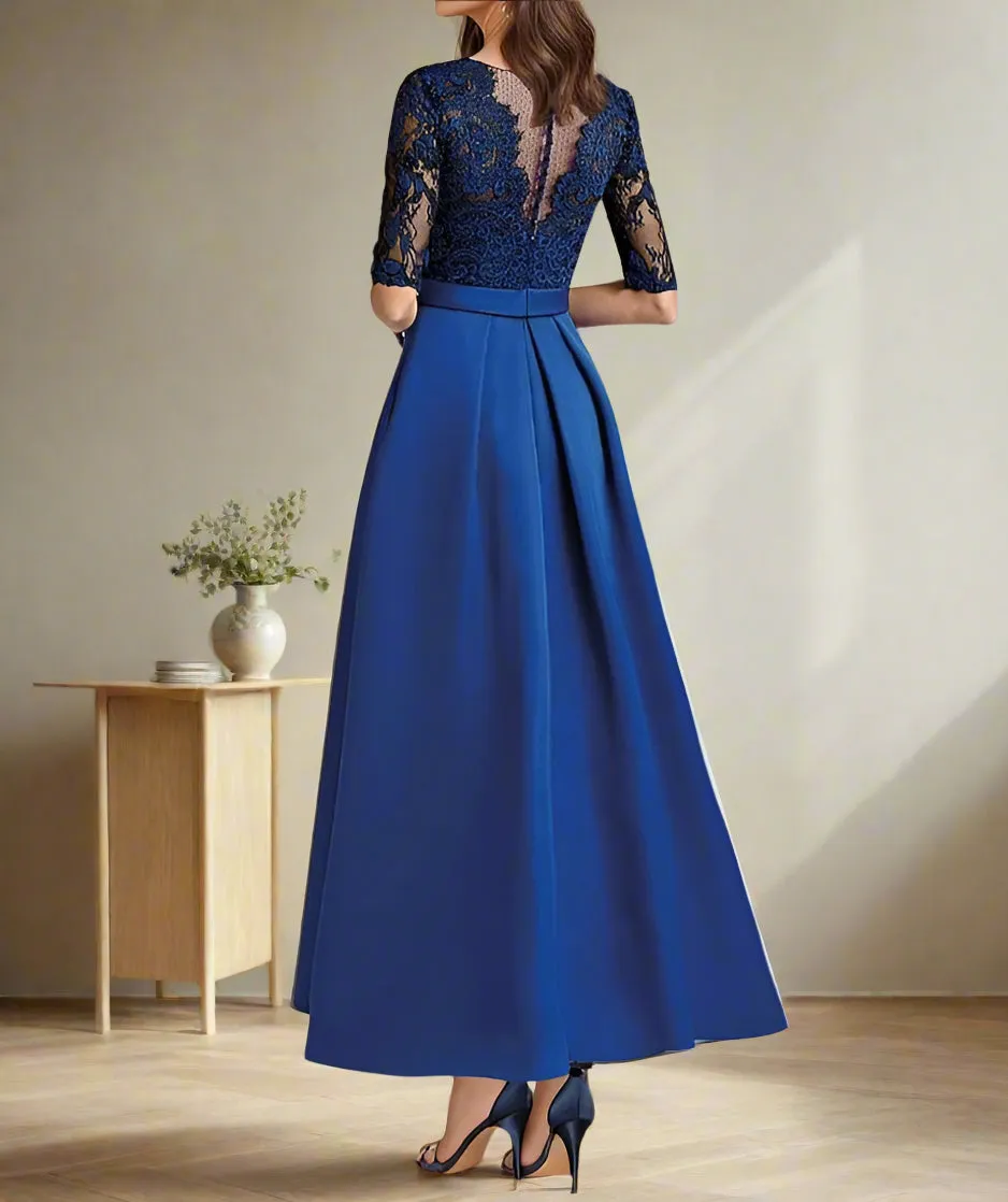 Delicate Royal Blue A-Line V Neck Ankle Length Wedding Party Dress