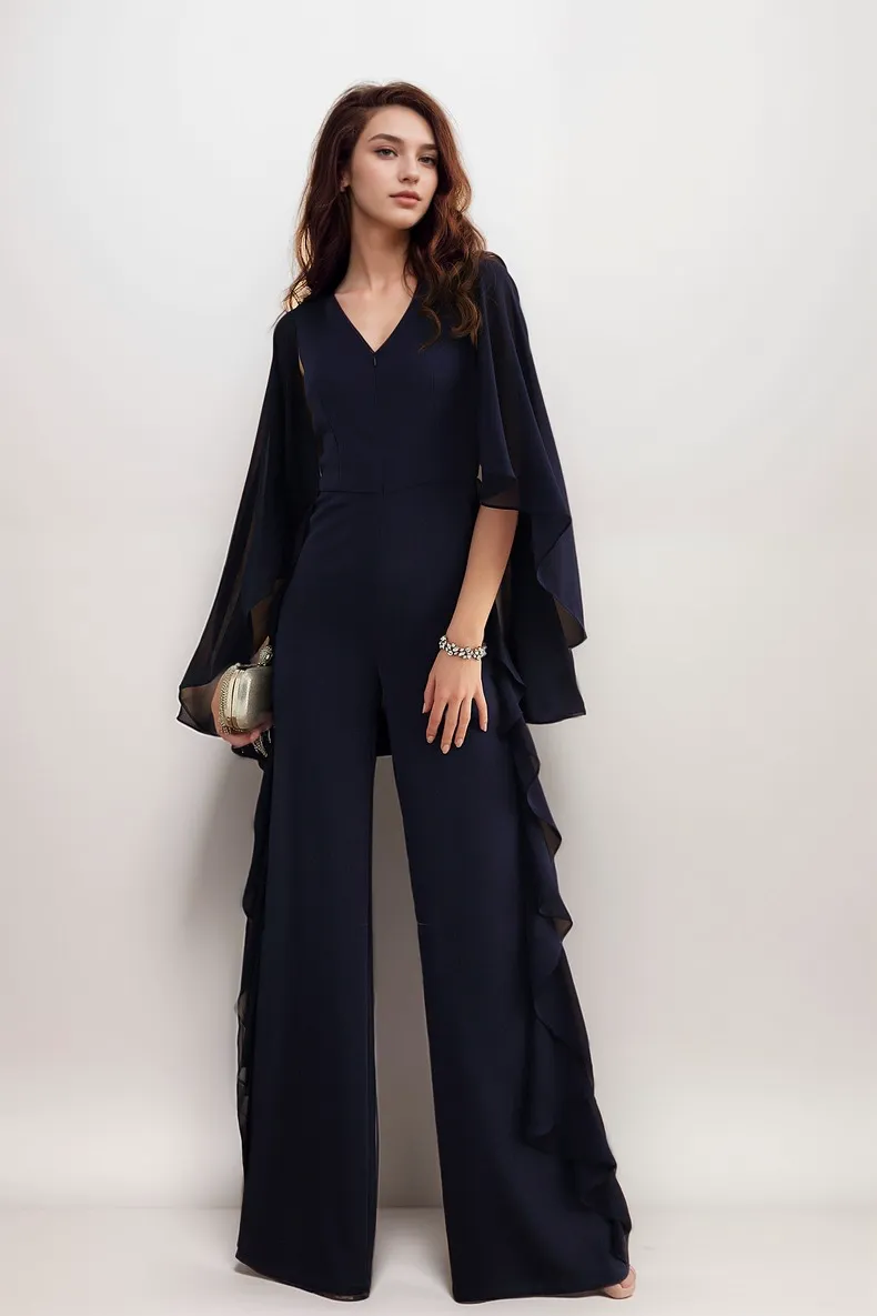 Elegant Cape-Style Chiffon Jumpsuit – Effortless Sophistication and Grace