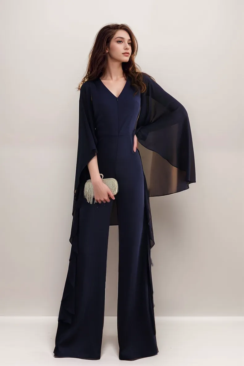 Elegant Cape-Style Chiffon Jumpsuit – Effortless Sophistication and Grace