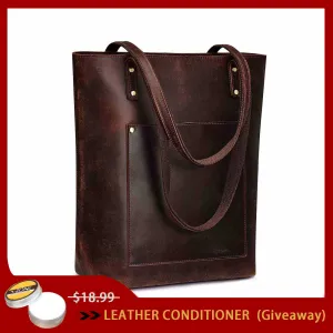 Genuine Leather Tote Bag with Front Pocket
