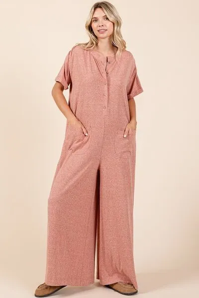 Hazel Blues® |  Mittoshop Button Detail Short Sleeve Wide Leg Jumpsuit