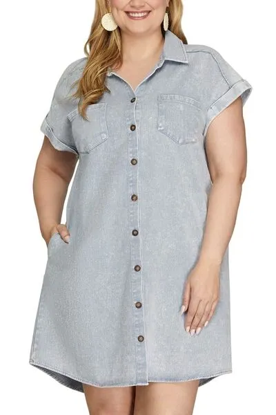 Hazel Blues® | She   Sky Folded Cuff Button Down Washed Twill Shirt Dress