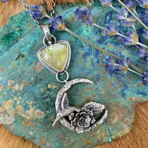 Hummingbird, Succulent and trillion Peridot gem sterling silver necklace