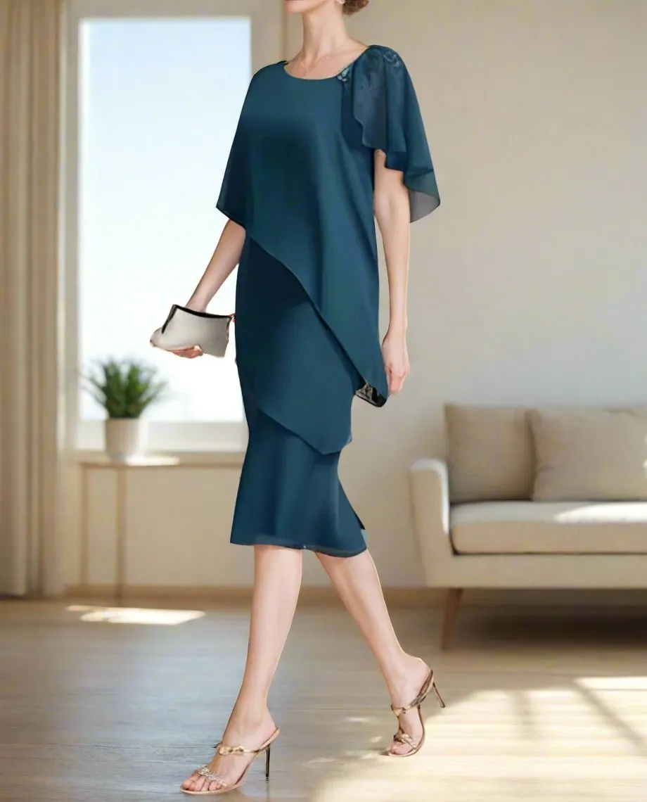 Ink Blue Asymmetrical Column Knee Length Mother of The Bride Dresses