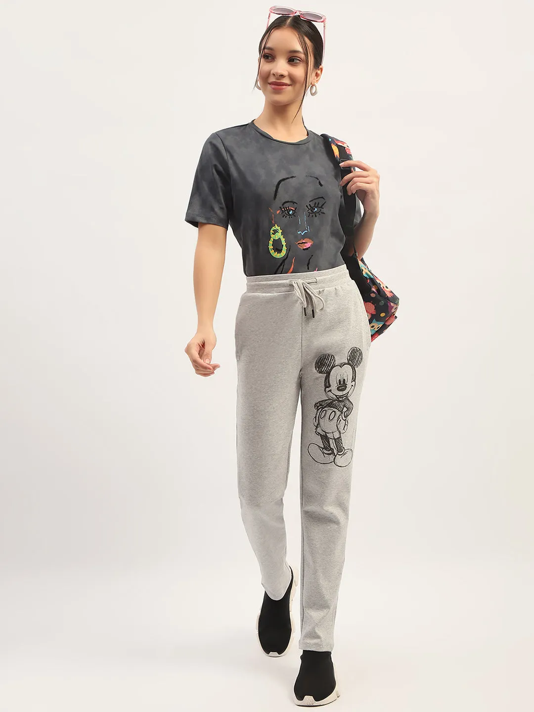 Madame Printed Charcoal Cotton T-Shirt