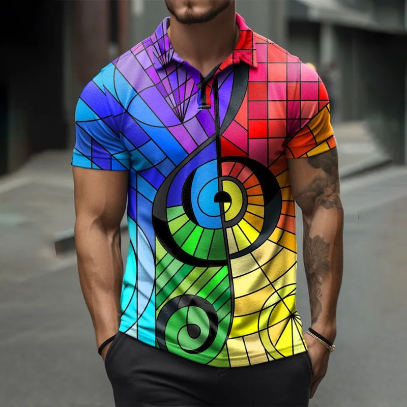 Men's Rainbow Geometry Note Printed Short Sleeved Polo Shirt