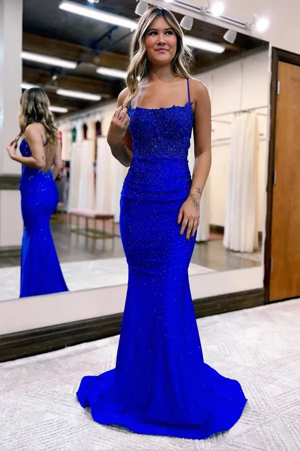 Mermaid Elastic Satin Spaghetti Straps Prom Dress Formal Dress TP1231