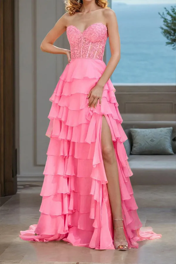 New Arrival Chiffon Strapless Sleeveless Slit Layers Long Prom Dress