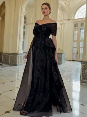 Off The Shoulder Organza Black Floor Length Prom Dress