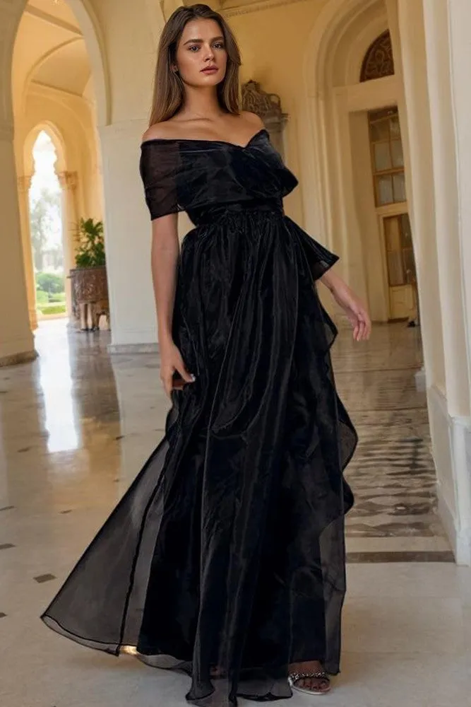 Off The Shoulder Organza Black Floor Length Prom Dress
