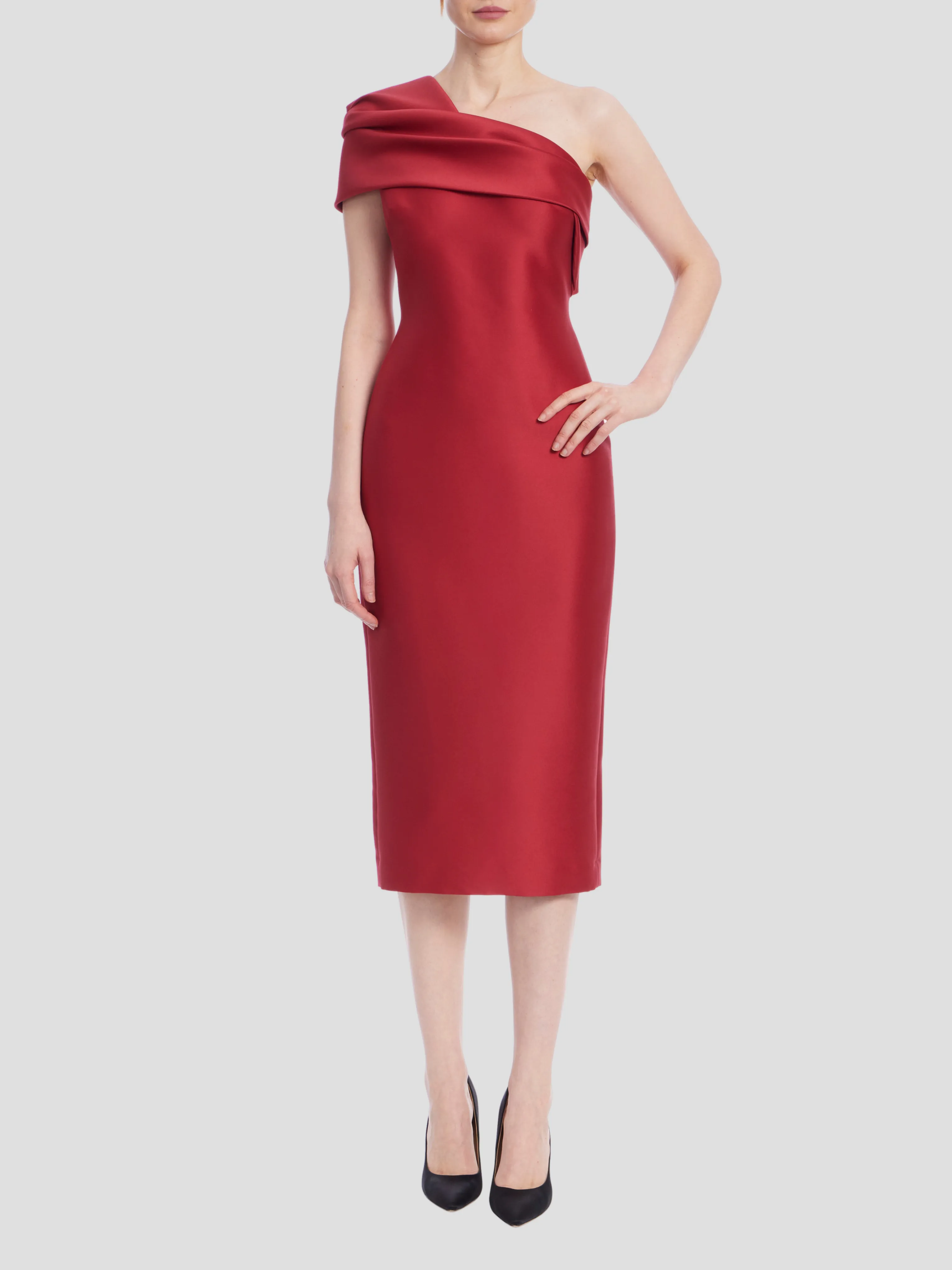 One Shoulder Fitted Midi Dress in Red