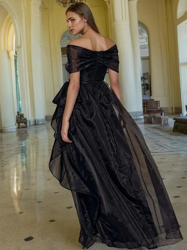 Organza Black Off The Shoulder Floor Length Prom Dress