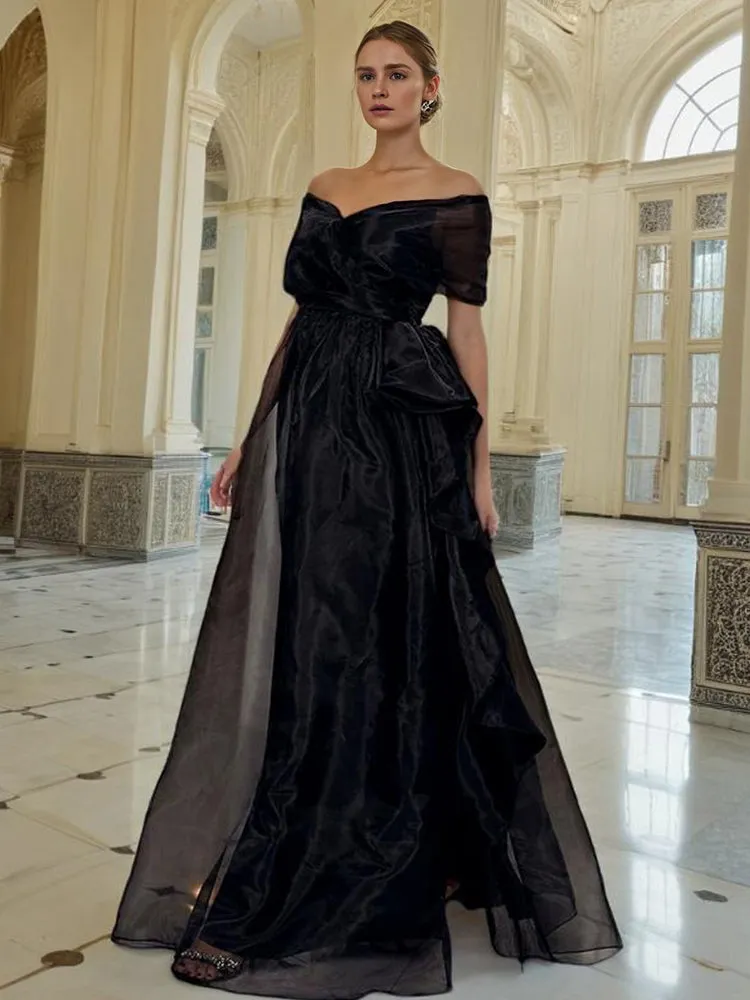 Organza Black Off The Shoulder Floor Length Prom Dress