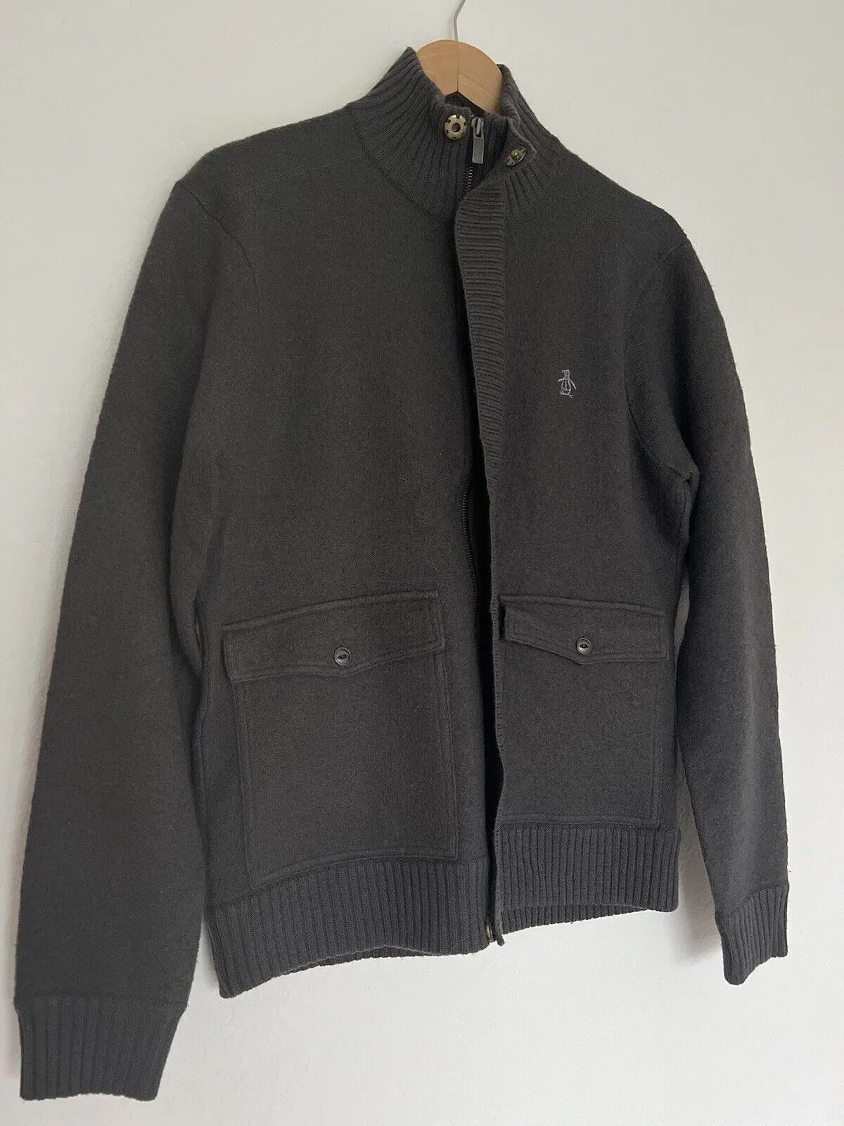 PENGUIN 100% Wool Sweater Sz M Gray Zip Mock Neck Chore Pockets Academia