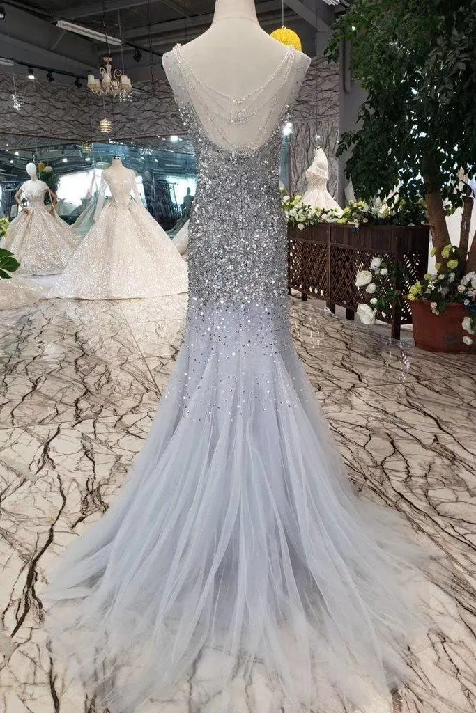 Sequins Bodice Prom Dresses Tulle Mermaid Sweep Train TP0853
