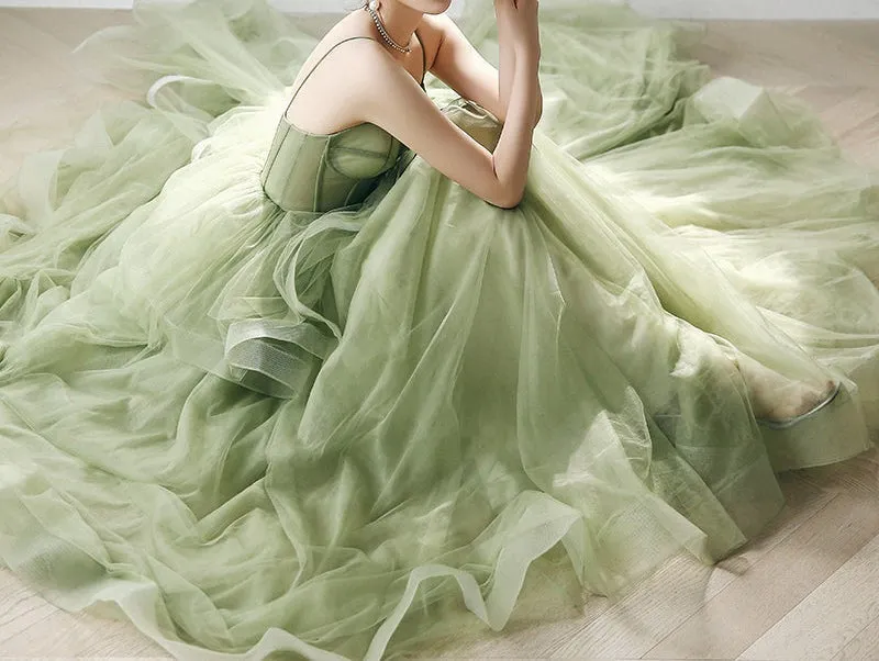 Spaghetti Straps Sleeveless Dusty Sage Ball Gown