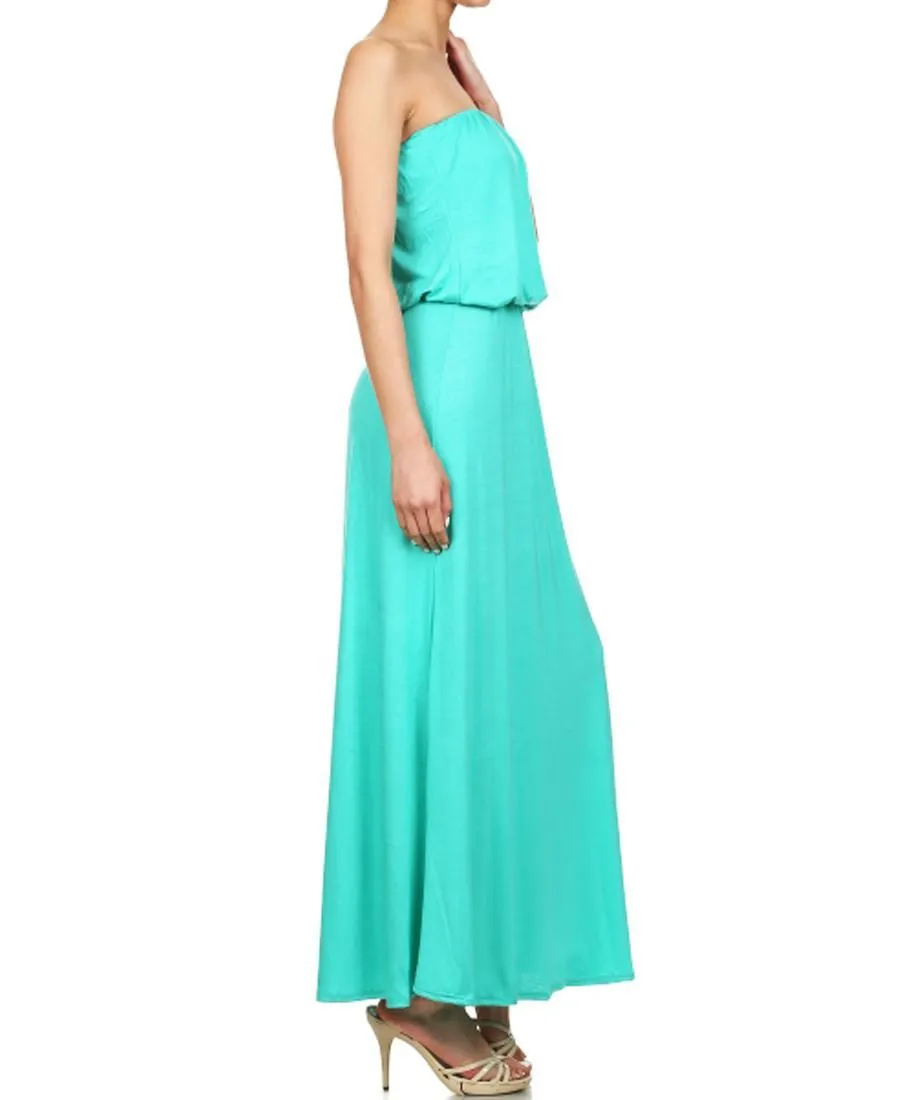 Strapless Elastic Waist Maxi Dress Aqua