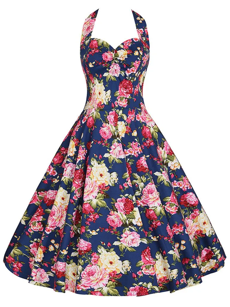 Sweet Floral Halter Cotton 50s Swing Dress