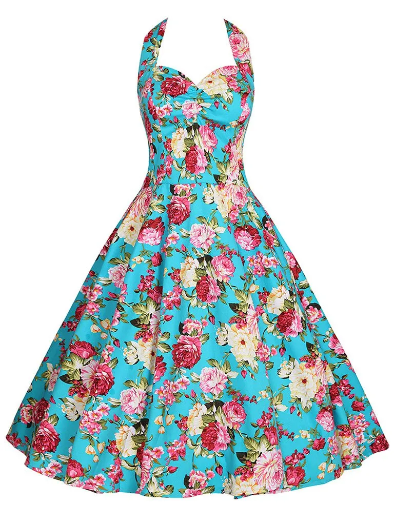 Sweet Floral Halter Cotton 50s Swing Dress