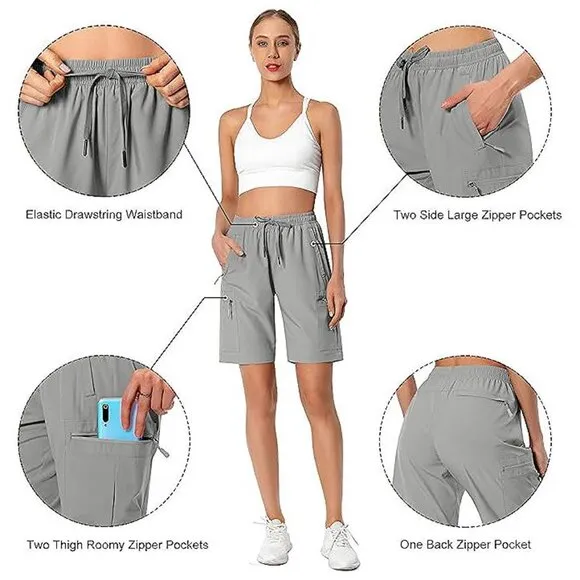 Women's Lightweight Hiking Cargo Shorts Quick Dry Athletic Shorts ,Light Grey